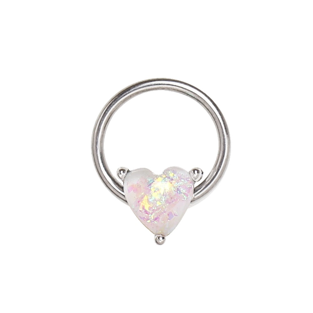 Heart Shaped Synthetic Opal Snap-In Captive Bead Ring - Stainless Steel