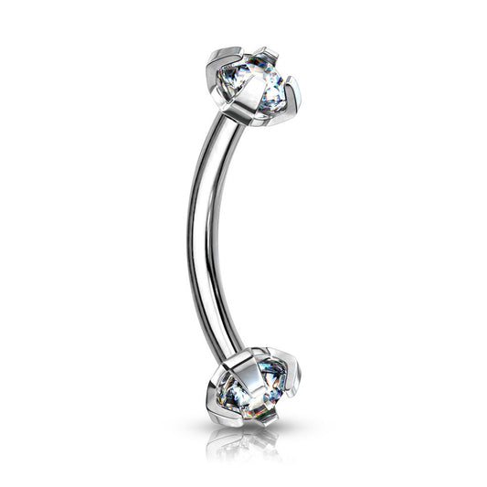 Internally Threaded Prong Set CZ Crystal Ends Cartilage Helix Rook Eyebrow Curved Barbell - Stainless Steel