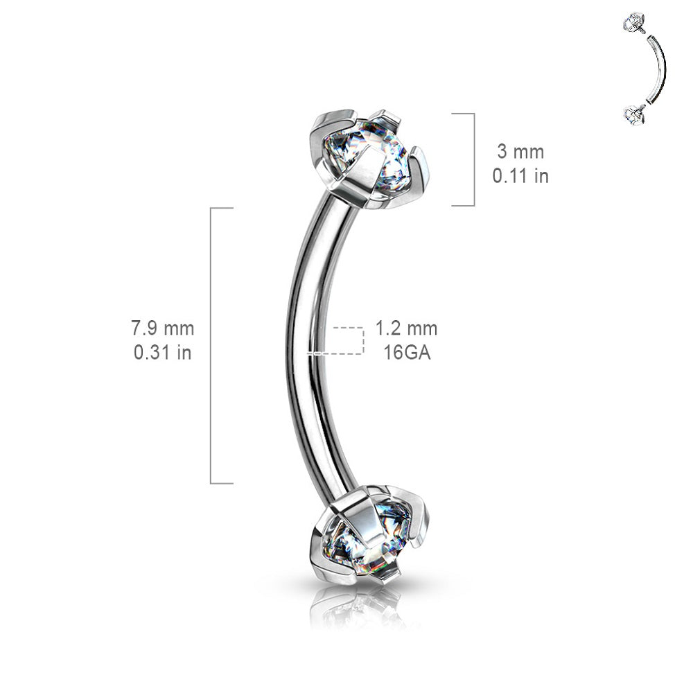 Internally Threaded Prong Set CZ Crystal Ends Cartilage Helix Rook Eyebrow Curved Barbell - Stainless Steel