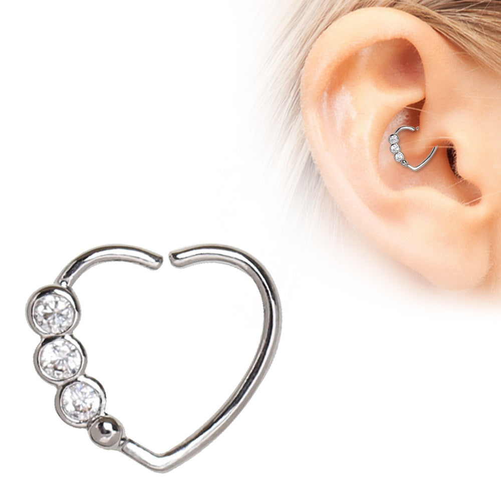 Heart with Triple CZ Annealed Bendable Earring - 316L Stainless Steel