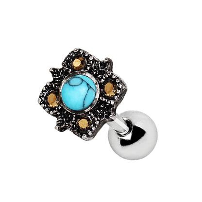 Antique Square Filigree Turquoise Cartilage Tragus Barbell - 316L Stainless Steel