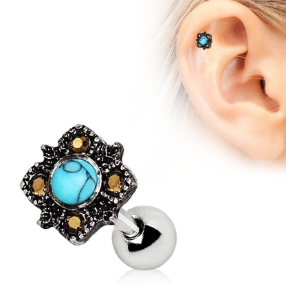 Antique Square Filigree Turquoise Cartilage Tragus Barbell - 316L Stainless Steel