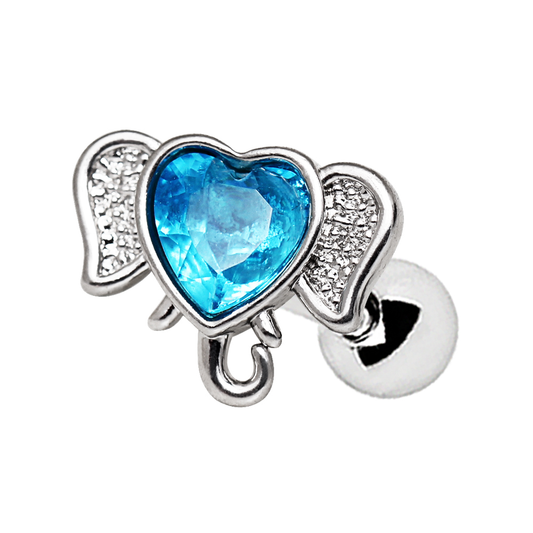 Aqua Heart CZ Crystal Elephant Cartilage Stud Earring - Stainless Steel