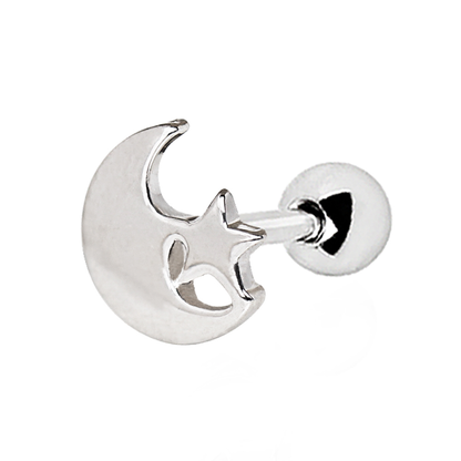 Moon and Star Cartilage Helix Tragus Stud Earring - 316L Stainless Steel