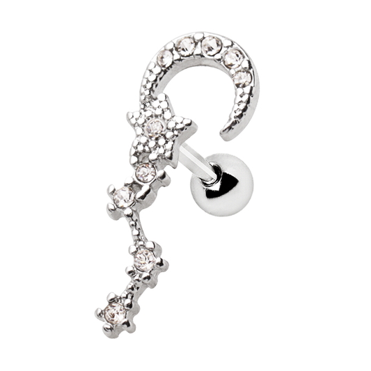 CZ Crystal Moon and Star Constellation Cartilage Barbell Earring - 316L Stainless Steel