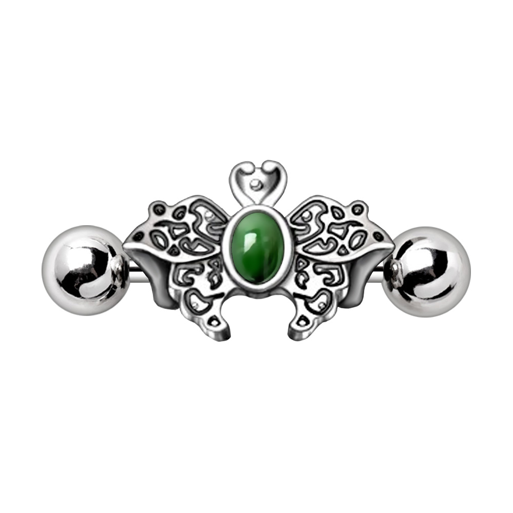 Ornate Green Beaded Butterfly Cartilage Cuff Earring - Stainless Steel