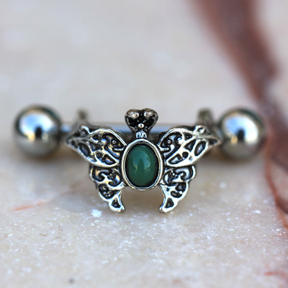 Ornate Green Beaded Butterfly Cartilage Cuff Earring - Stainless Steel