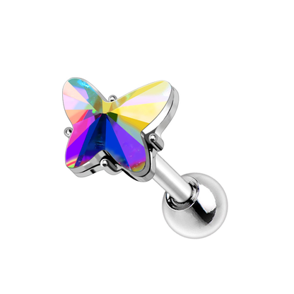 Aurora Borealis Crystal Butterfly Cartilage Barbell Earring - Stainless Steel