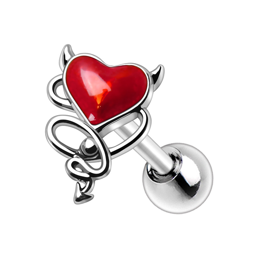 Devil with a Heart Ear Cartilage Tragus Barbell Stud - 316L Stainless Steel