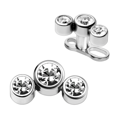 Triple CZ Crystal Internally Threaded Dermal Anchor Top - Stainless Steel