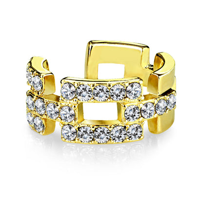 Non-Piercing CZ Paved Stacked Bricks Faux Cartilage Clip-On Wrap Ring
 - Rhodium or 14Kt. Gold Plated Brass