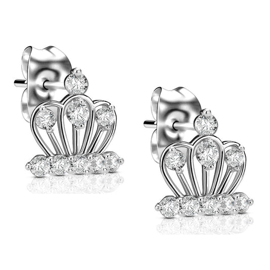 Prong Set CZ Crystal Crown Stud Earrings - 925 Sterling Silver - Pair