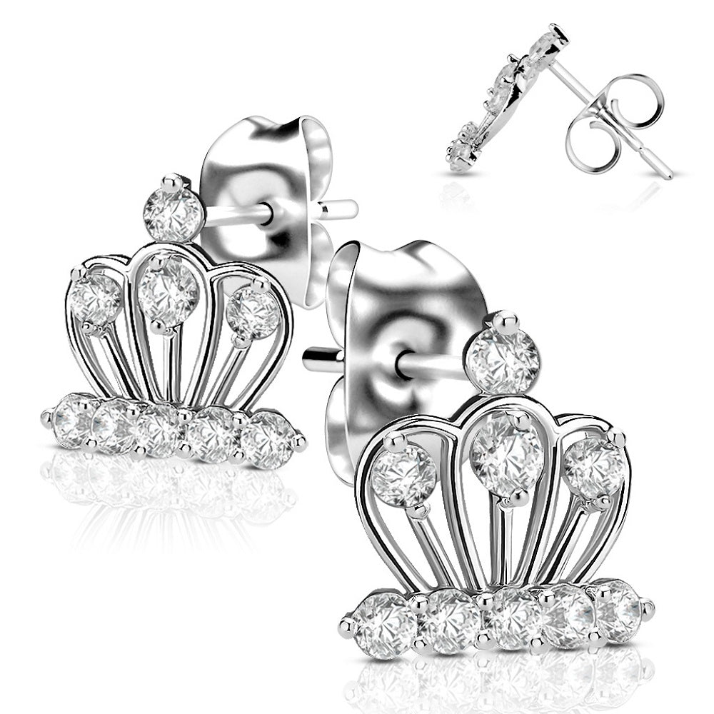 Prong Set CZ Crystal Crown Stud Earrings - 925 Sterling Silver - Pair