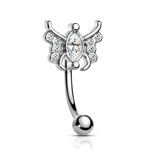 Crystal Paved Butterfly Eyebrow Curved Barbell - 316L Stainless Steel