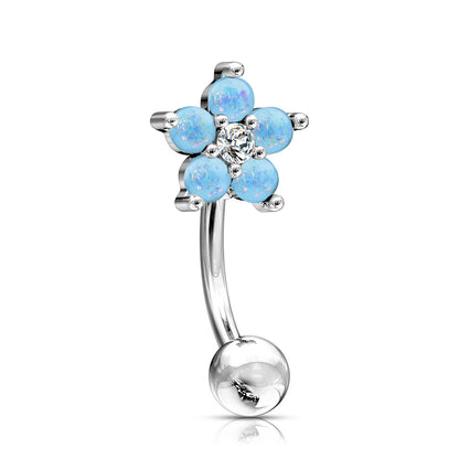 Glittery Opalite Flower with CZ Center Eyebrow Curved Barbell - 316L Stainless Steel