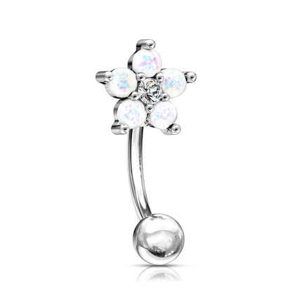 Glittery Opalite Flower with CZ Center Eyebrow Curved Barbell - 316L Stainless Steel