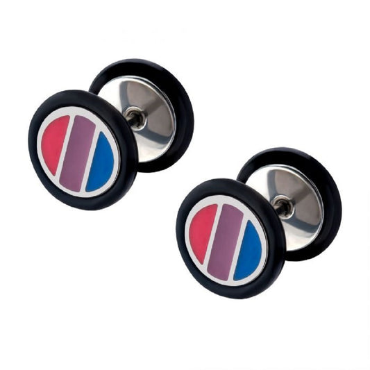 Pink Purple and Blue Striped Bisexual Pride Fake Cheater Plug Earrings - Stainless Steel - Pair