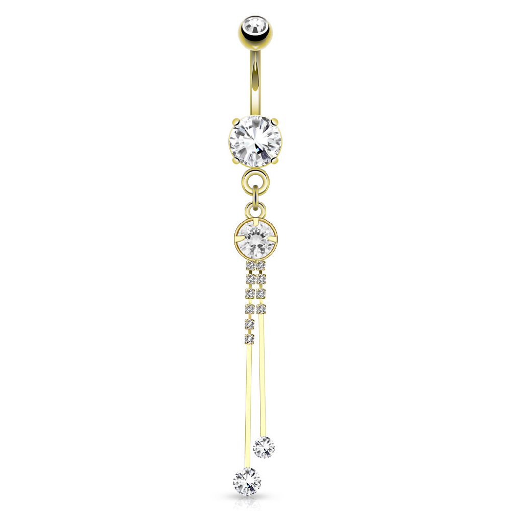 CZ Crystal Dangling Chain Belly Button Ring - 14kt Gold Plated Stainless Steel
