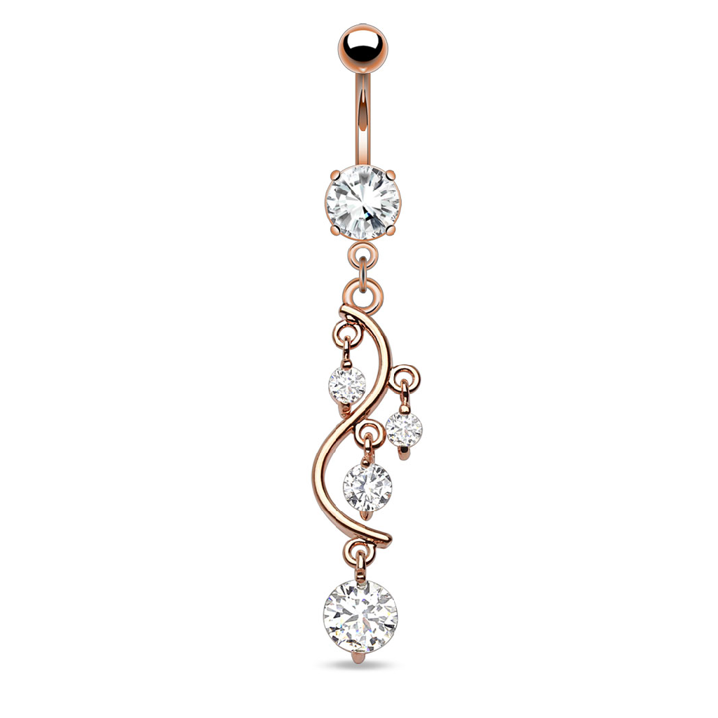 Vine with Crystal Gems Dangling Belly Button Ring - Rose Gold Plated Stainless Steel