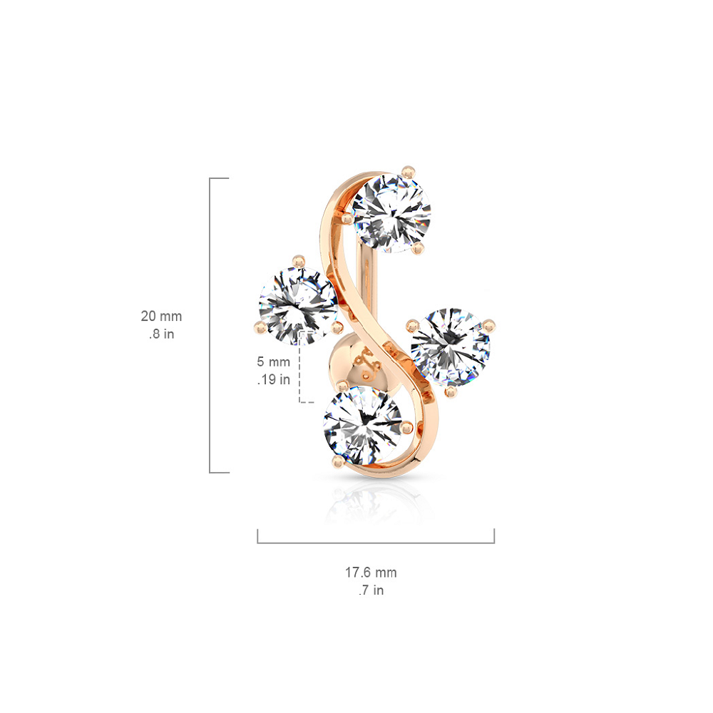 CZ Crystal Gem Vine Top Down Reverse Belly Button Ring - Rose Gold Plated Stainless Steel