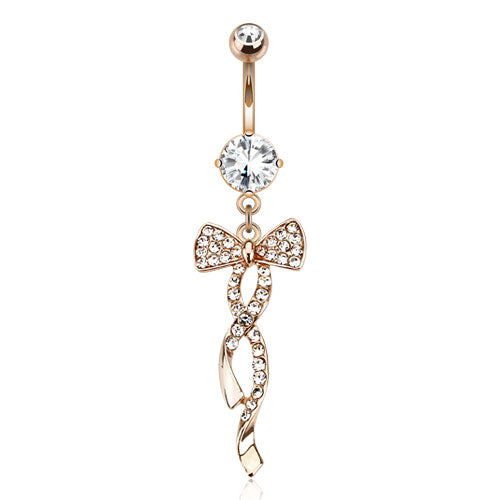 Swirling Ribbon with Paved Gems Rose Gold Plated Navel Dangle Belly Ring - Stainless Steel