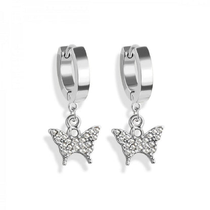 CZ Crystal Paved Butterfly Dangling Huggie Hoop Earrings - 316L Stainless Steel