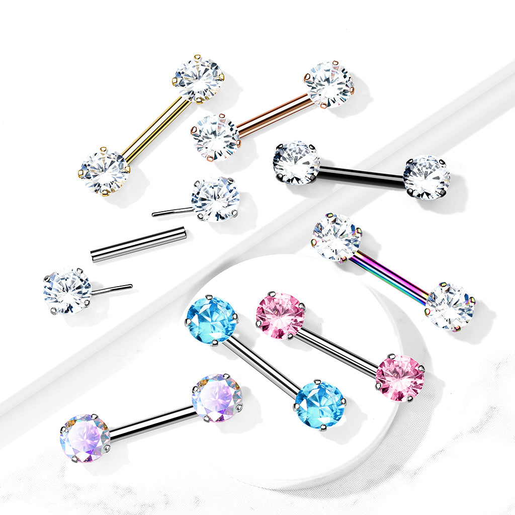 Threadless Push-in Prong Set Crystal Nipple Barbells - Stainless Steel - Pair