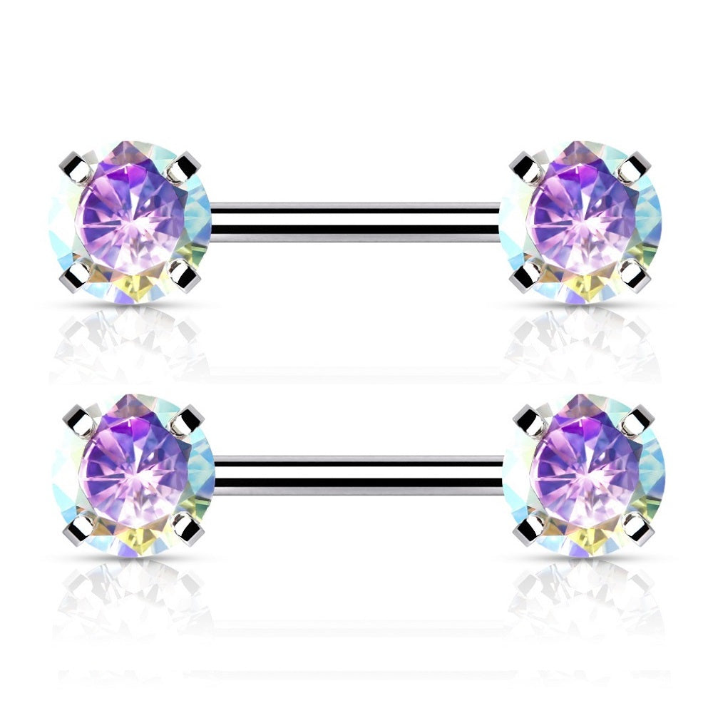 Threadless Push-in Prong Set Crystal Nipple Barbells - Stainless Steel - Pair