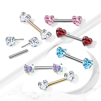 Threadless Push-in Prong Set Crystal Heart Nipple Barbells - Stainless Steel - Pair