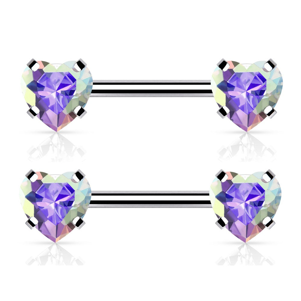 Threadless Push-in Prong Set Crystal Heart Nipple Barbells - Stainless Steel - Pair