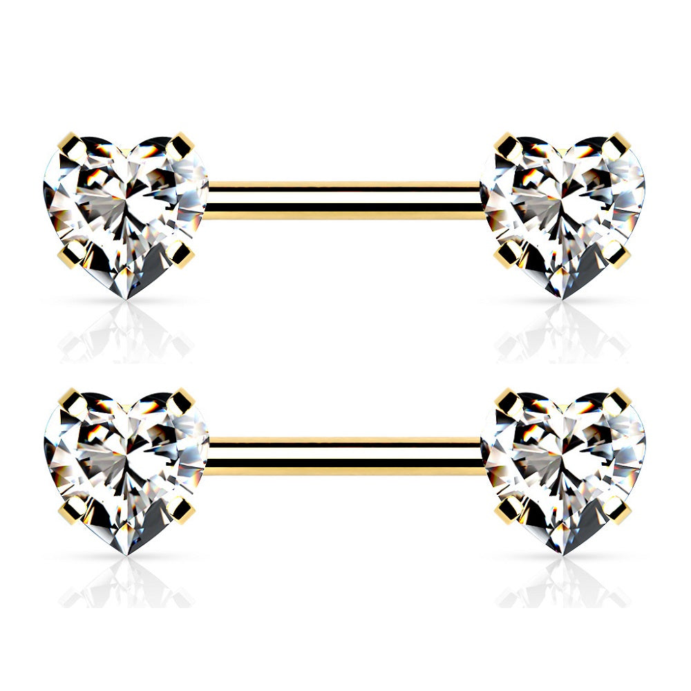 Threadless Push-in Prong Set Crystal Heart Nipple Barbells - Stainless Steel - Pair