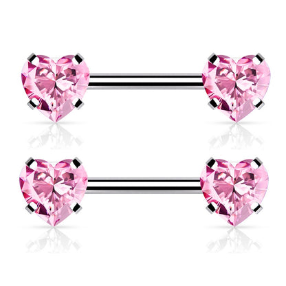 Threadless Push-in Prong Set Crystal Heart Nipple Barbells - Stainless Steel - Pair