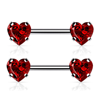 Threadless Push-in Prong Set Crystal Heart Nipple Barbells - Stainless Steel - Pair