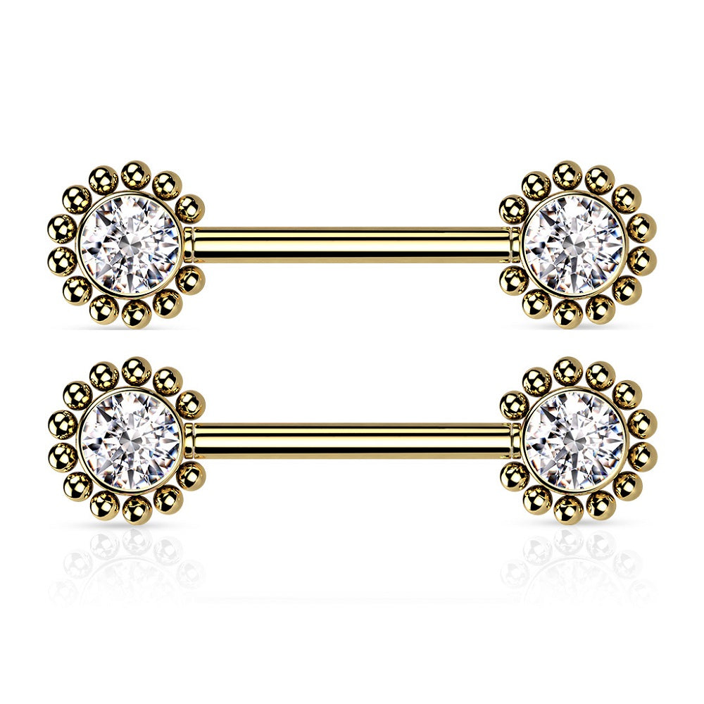 Threadless Push-in Beaded Ball Edge CZ Crystal Center Nipple Barbells - Stainless Steel - Pair