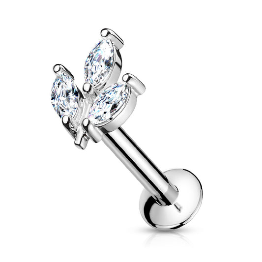 Triple Crystal Marquise Threadless Push In Flat Back Stud - Stainless Steel