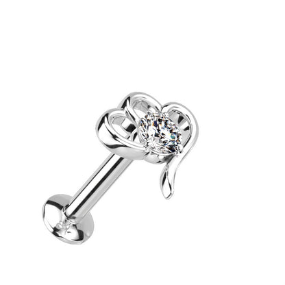 Hollow Heart with CZ Crystal Center Threadless Push-in Stud - 316L Stainless Steel