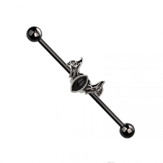 Black Bat with Black Stone Body Industrial Cartilage Barbell - 316L Stainless Steel