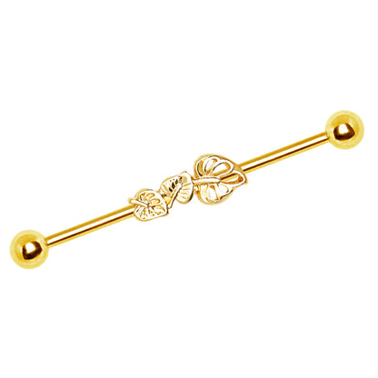 Gold Plated Leaf Trio Industrial Barbell - Stainless Steel