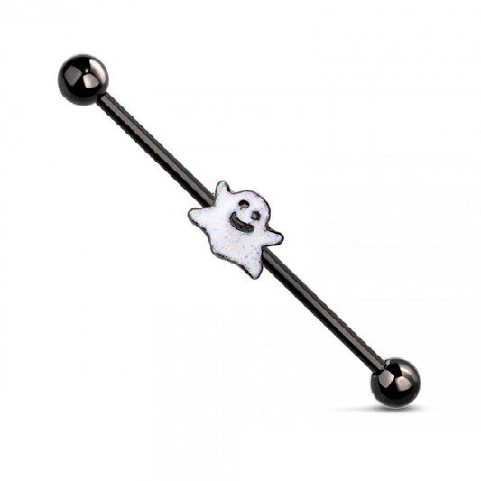 Smiling Spooky Ghost Industrial Barbell - 316L Stainless Steel