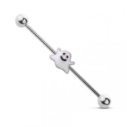 Smiling Spooky Ghost Industrial Barbell - 316L Stainless Steel