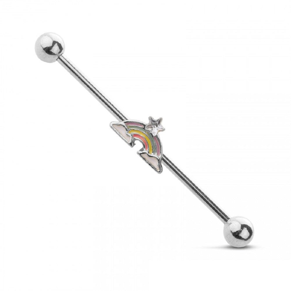 Pastel Rainbow and Clouds Centered Industrial Barbell - 316L Stainless Steel