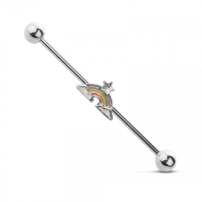 Pastel Rainbow and Clouds Centered Industrial Barbell - 316L Stainless Steel
