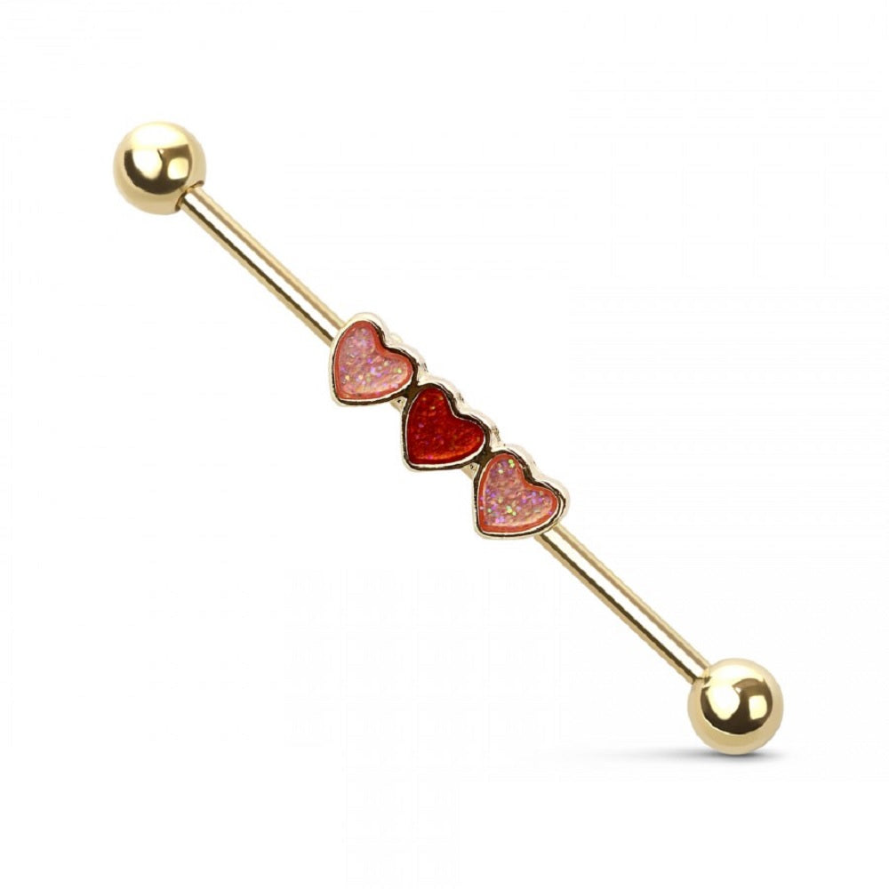 Triple Glitter Heart Industrial Barbell - Stainless Steel