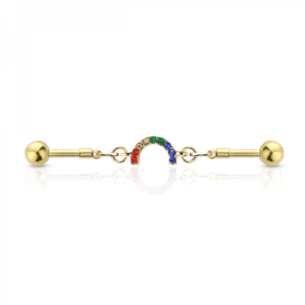 Multicolored Rainbow Gem Chain Link Industrial Barbell - 316L Stainless Steel