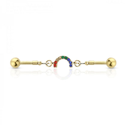 Multicolored Rainbow Gem Chain Link Industrial Barbell - 316L Stainless Steel