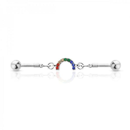 Multicolored Rainbow Gem Chain Link Industrial Barbell - 316L Stainless Steel
