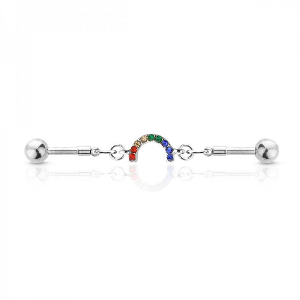 Multicolored Rainbow Gem Chain Link Industrial Barbell - 316L Stainless Steel