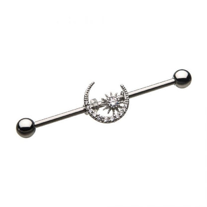 Clear Crystal Moon and Star Industrial Barbell - Stainless Steel
