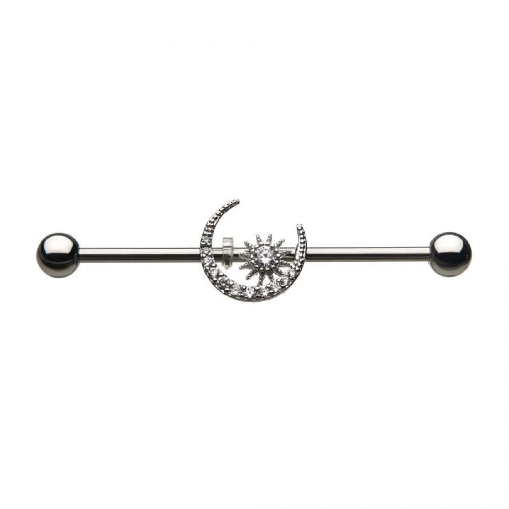 Clear Crystal Moon and Star Industrial Barbell - Stainless Steel