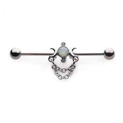 Crescent Moons with Circular Opalite Center and Dangling Chains Industrial Barbell - 316L Stainless Steel